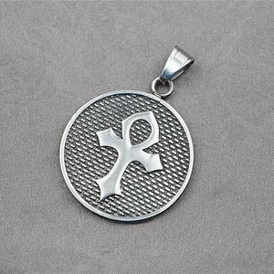 Polished titanium steel round pendant featuring Ankh cross and textured grid background