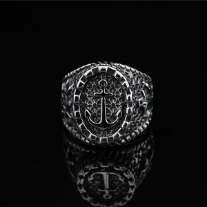 Vintage silver anchor ring with nautical chain texture and polished finish for men