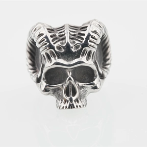 Retro punk gothic sheep skull ring in heavy titanium steel with oxidized finish