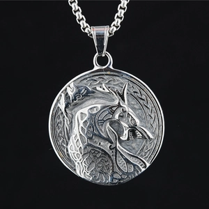 Wikinger Wolfskopf Anhänger Halskette Für Herren Damen Titanstahl Vintage Nordische Mythologie Keltischer Knoten Relief Runde Kette Schmuck