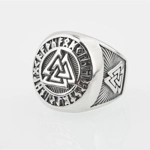 Vintage silver Viking ring featuring Valknut triangles and Nordic runes on a wide band