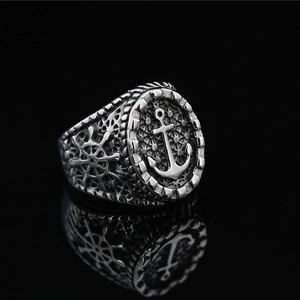 Vintage stainless steel men's anchor ring with nautical helm side details in punk style