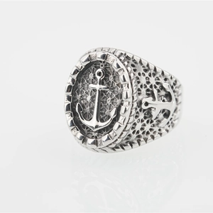 Men's anchor signet ring in silver stainless steel with rock texture finish