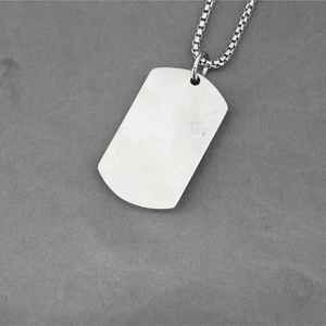 Modern silver stainless steel dog tag necklace with polished rectangular pendant and box chain