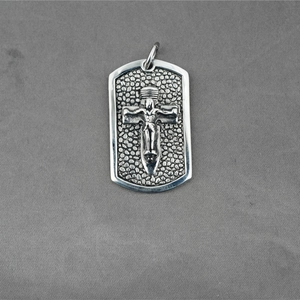 Hip hop style stainless steel square dog tag necklace with cross and wing relief pendant