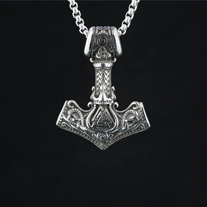 Vintage Thor's Hammer Mjölnir pendant necklace with Valknut symbol and Viking patterns