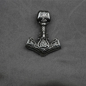Vintage Viking Thor Mjölnir hammer pendant in silver stainless steel with Valknut symbol