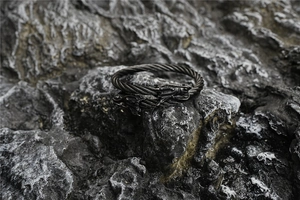 Detail of twisted cable steel bracelet featuring double dragon heads on dark rock
