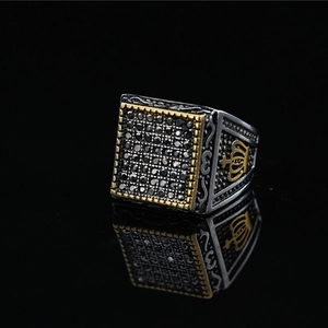 Vintage stainless steel square ring for men with black gemstones and crown engravings