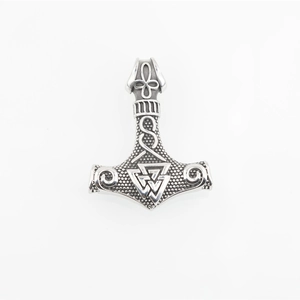 Vintage oxidized stainless steel Viking Mjolnir hammer pendant necklace with intricate patterns