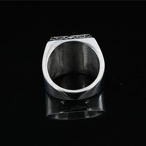 Vintage stainless steel square ring with engraved textures and diamond-set retro punk style