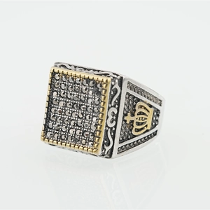Men's vintage stainless steel square signet ring with black crystals and crown relief