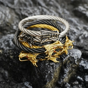 Vintage Stainless Steel Double Dragon Head Twisted Cable Bracelet Men Women Punk Rhinestone Eyes Open Cuff Bangle Jewelry