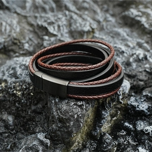 Multilayer leather bracelet with black and brown cords and matte black magnetic clasp