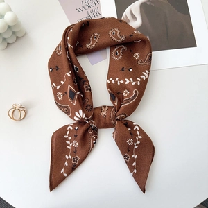 Detailed close-up of brown paisley silk scarf with vintage floral patterns and smooth texture