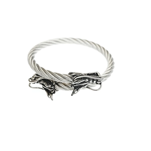 Retro stainless steel double dragon head cable twisted open bangle for men and women