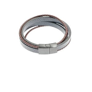 Multilayer leather bracelet for men with brown woven rope and silver magnetic clasp