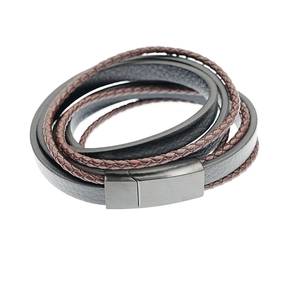 Multilayer black and brown leather bracelet with magnetic stainless steel buckle