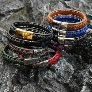 Vintage Herren Titanstahl Geflochtenes Lederarmband Mit Magnetverschluss Hip Hop Unisex Mehrlagiges Nähte Handband