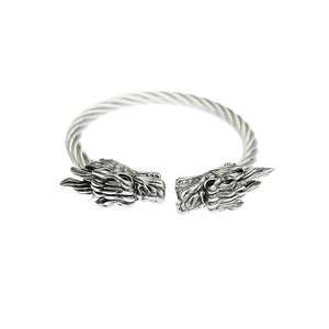 Bracelet jonc vintage argenté avec têtes de dragon et design de corde torsadée en acier