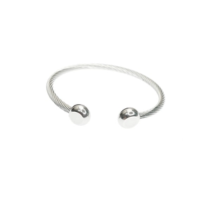Bracelet jonc ouvert argenté en acier inoxydable avec torsade et embouts boules polis
