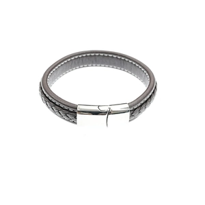 Herren Armband aus geflochtenem Leder mit silbernem Magnetverschluss in Braungrau