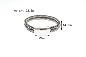 Detail view of woven leather bracelet with polished metal clasp and dimensions 29mm x 14.2mm