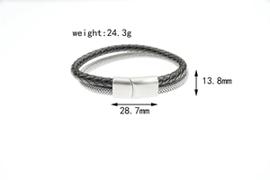 Detail of men's double-layer woven leather bracelet with magnetic clasp and dimensions