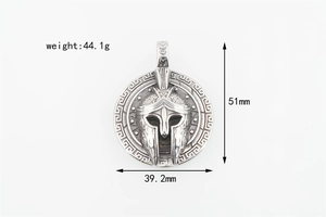 Detailed view of Spartan helmet pendant with Greek key pattern and size measurements
