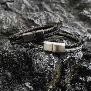 Men Vintage Titanium Steel Double Layer Braided Bracelet With Magnetic Clasp Hardcore Style Polished Fashion Jewelry Hand Accessory Gift