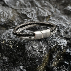 Retro double-layer woven leather bracelet for men with brushed metal magnetic clasp