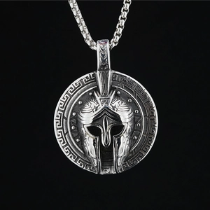 Vintage Spartan Helmet Shield Pendant Necklace Titanium Steel Greek Meander Relief Hip Hop Punk Streetwear Jewelry For Men Women