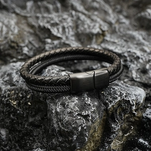 Men's double-layered black woven leather bracelet with matte magnetic steel clasp