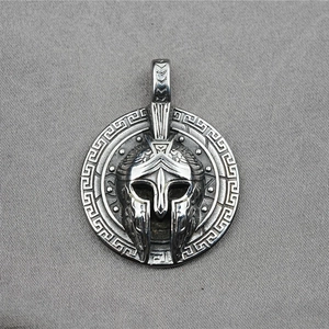 Vintage steel spartan helmet shield necklace with greek fret motif and antique silver finish