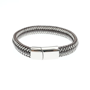 Men's dark brown braided leather bracelet with polished silver magnetic clasp