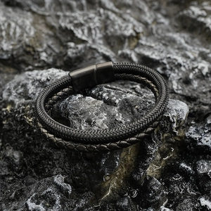 Men's double-layered black woven leather bracelet with matte magnetic steel buckle