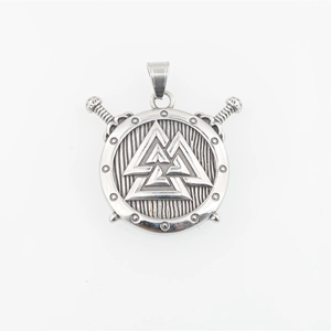 Pendaglio scudo vichingo Valknut in acciaio inossidabile argento con spade incrociate
