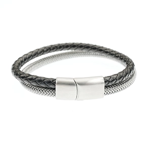 Retro double-layer woven leather bracelet for men with silver magnetic steel clasp