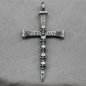 Gothic punk silver cross necklace with five skulls and Deathly engraving pendant