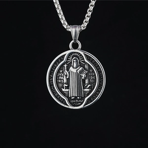 Vintage St. Benedict Medal Necklace Titanium Steel Religious Round Pendant With Box Chain For Men Women Christian Jewelry