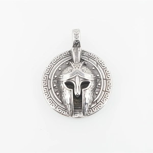 Retro Spartan warrior helmet medallion necklace in silver-tone punk stainless steel