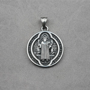 Retro Saint Benedict medallion pendant in titanium steel with a vintage blackened finish