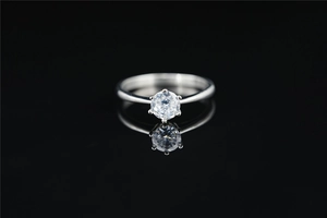 Detail of a round brilliant-cut moissanite ring with a six-prong titanium steel setting
