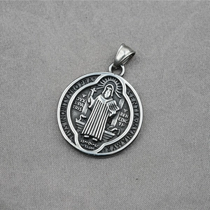 Vintage titanium steel pendant necklace with relief portrait and St. Benedict engraving