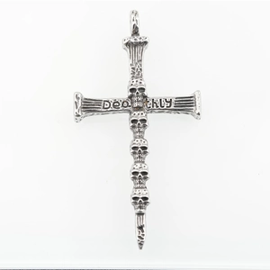 Vintage gothic cross pendant necklace with five skulls and engraved Deathly text