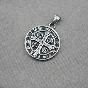 Vintage Saint Benedict medal pendant in aged stainless steel with religious engravings
