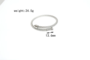 Detail of silver cable bangle with cylindrical nut ends and 13.6mm width measurement