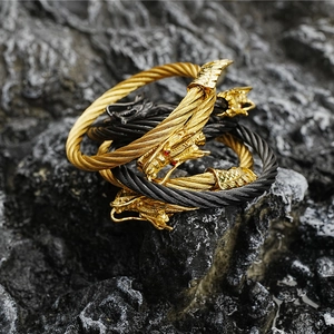 Vintage Titanium Steel Dragon Head Open Bangle For Men Women Hip Hop Twisted Cable Bracelet With Zirconia Eyes Jewelry
