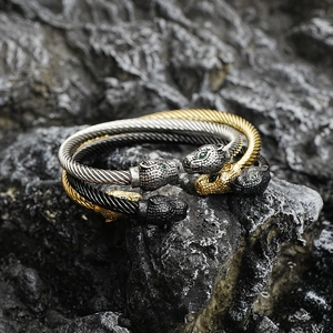 Titanium Steel Leopard Head Open Cuff Bracelet Vintage Twisted Cable Bangle Green Zirconia Eyes Jewelry For Men Women