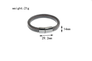 Détail du bracelet en cuir tressé gris foncé avec dimensions du fermoir magnétique en acier